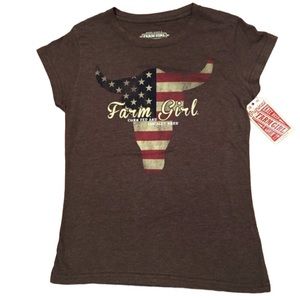 Women’s Farm Girl Bull American Flag Brown Tee Medium